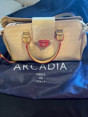 Arcadia Cream Patent Satchel with Red Trim and Gold Hardware
